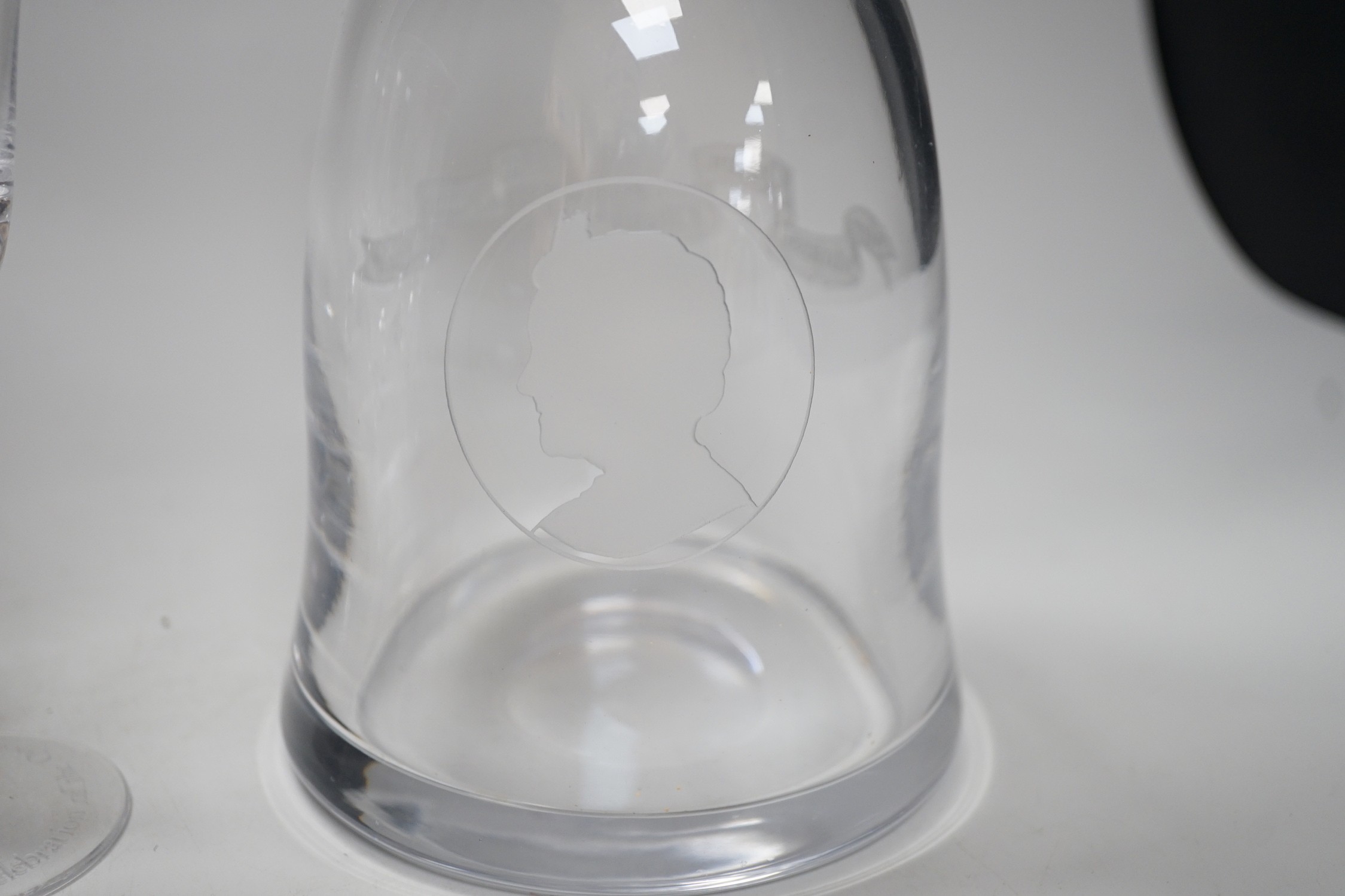 Orrefors by repute - five etched air-twist wine glasses commemorating the Queen Mother, with matching decanter
